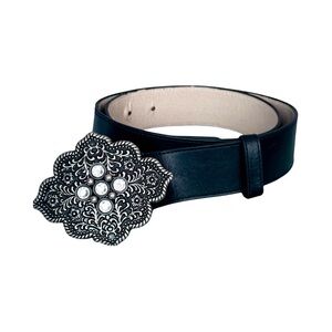 Western Style Faux Leather Belt, Black, Silver Buckle with Rhinestones, Small